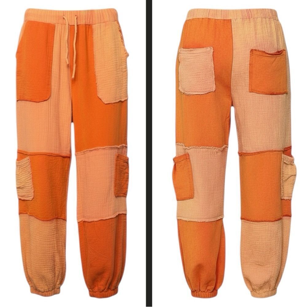 POL Jogger Pants Orange Patchwork Adjustable Drawstring Cargo Pockets Contrast M - Picture 7 of 7